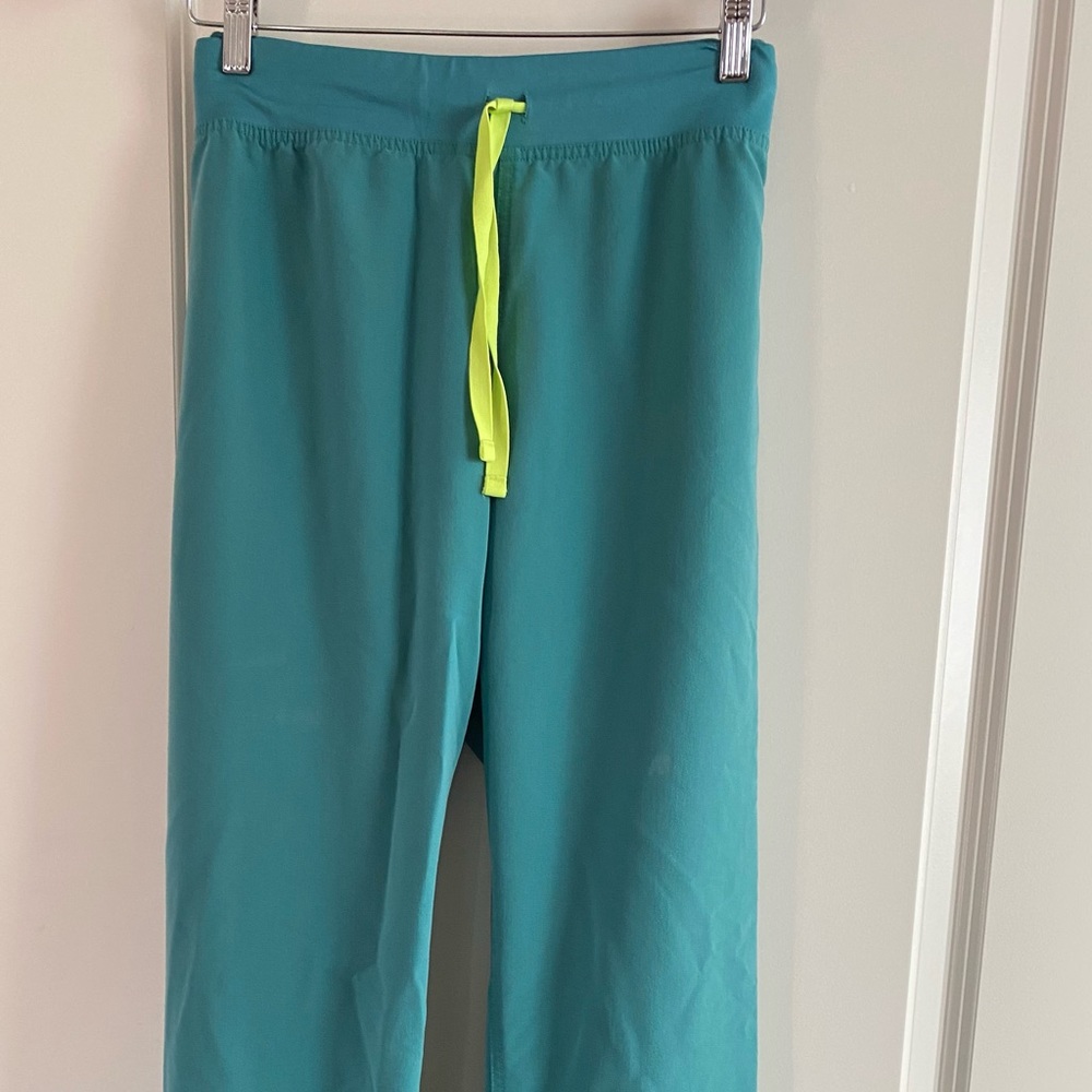 Figs Teal Pants with Neon Yellow Drawstring